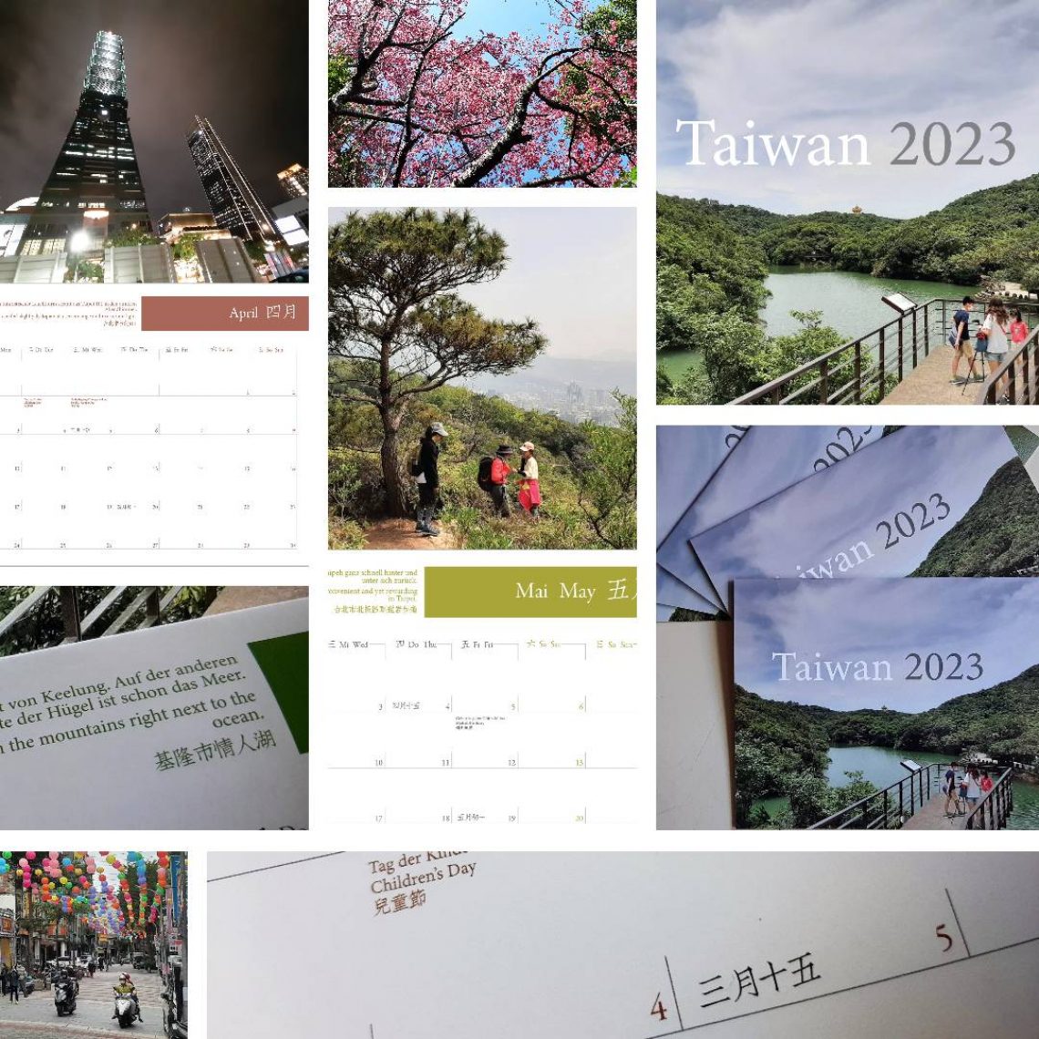 Motive aus dem Taiwankalender. Fotos von Landschaften, vom Wolkenkratzer Taipei 101, und vom Kalendarium