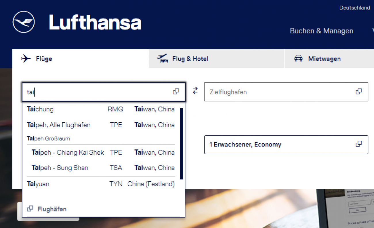 Lufthansa Website Taiwan China