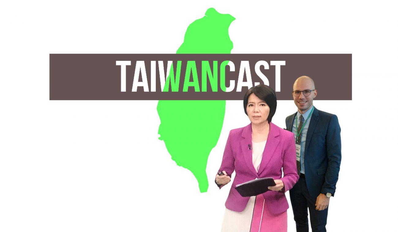 Logo des Taiwancast, der Umriss von Taiwan, mit den Gästen Liao Lin Li-ling und David Demes